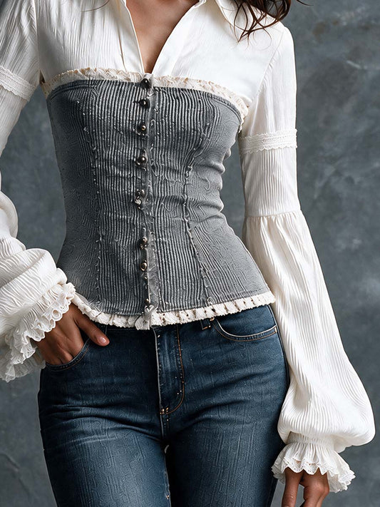 Top camicia e corsetto a coste bianco e grigio – vista frontale