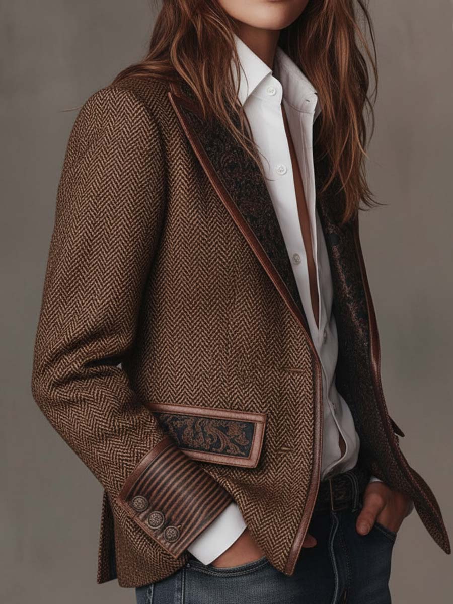 Blazer in tweed spigato marrone – vista frontale