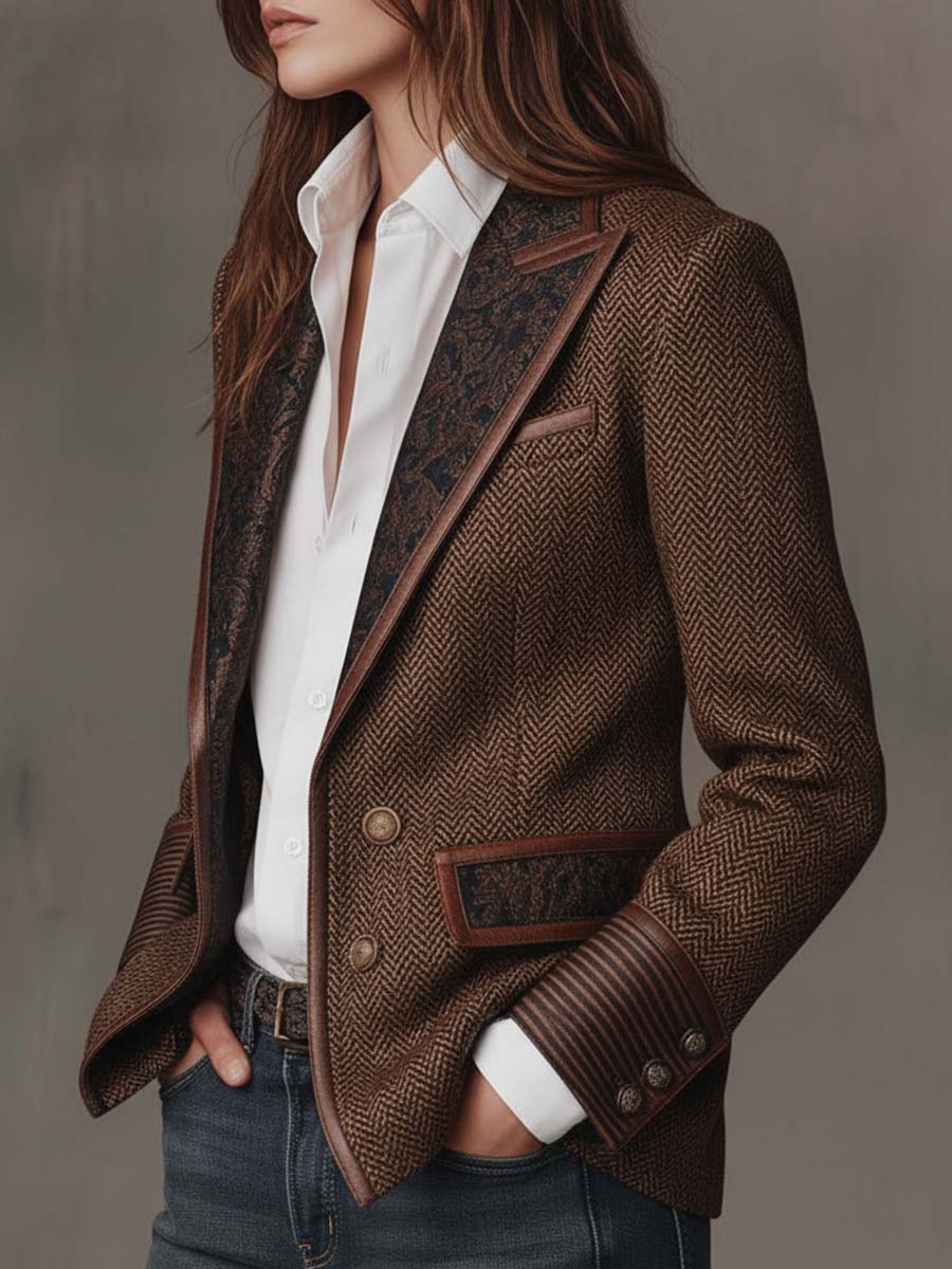 Blazer in tweed spigato marrone – vista posteriore