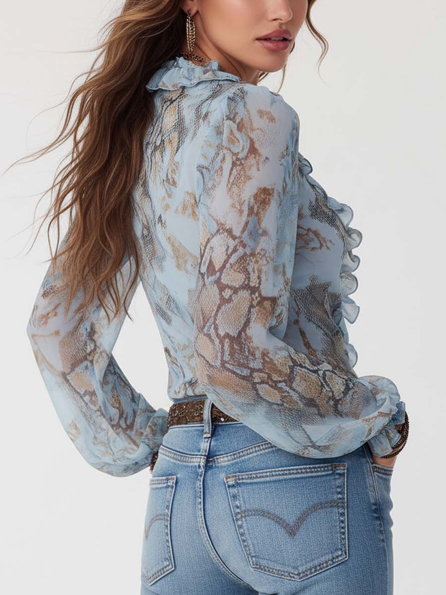 Blusa in chiffon con volant blu ghiaccio – dettaglio 3
