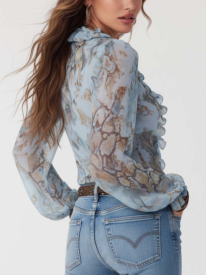 Blusa in chiffon con volant blu ghiaccio – dettaglio 3