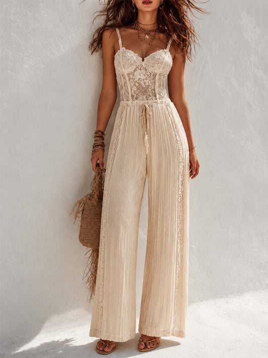 Jumpsuit boho crema con corpetto in pizzo – vista frontale