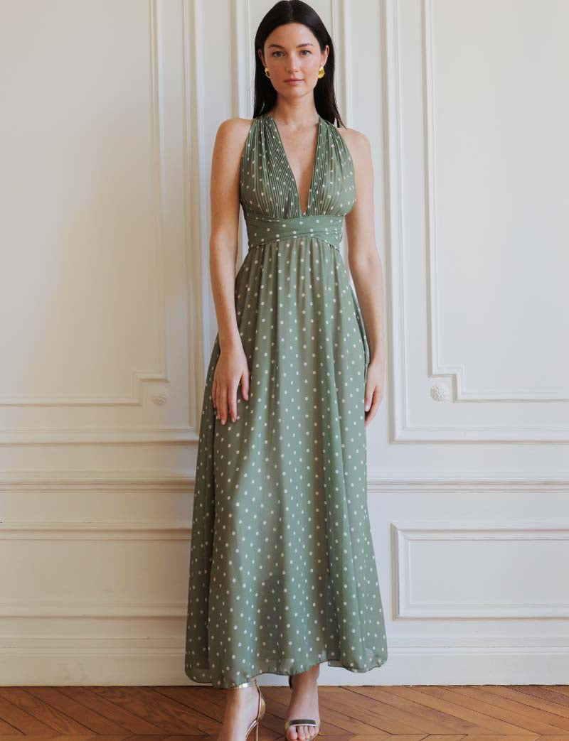 Abito lungo verde oliva a pois – foto 1