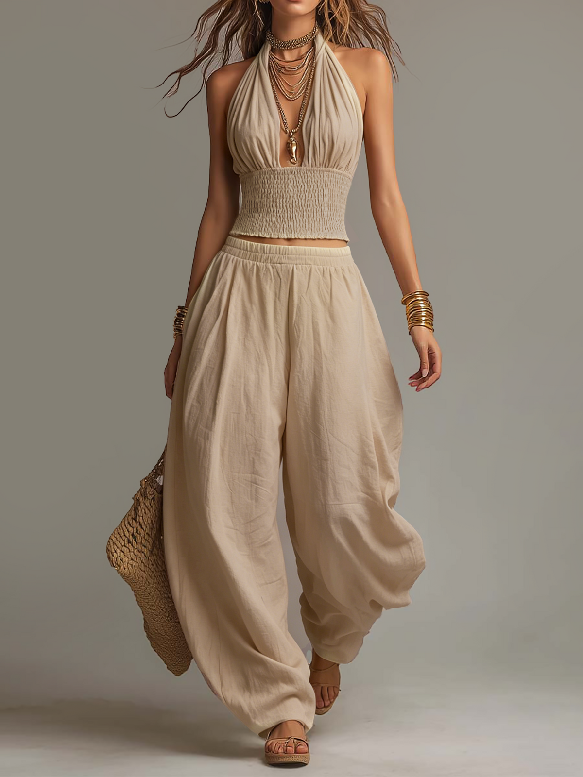 Coordinato boho top halter e pantaloni harem – look completo