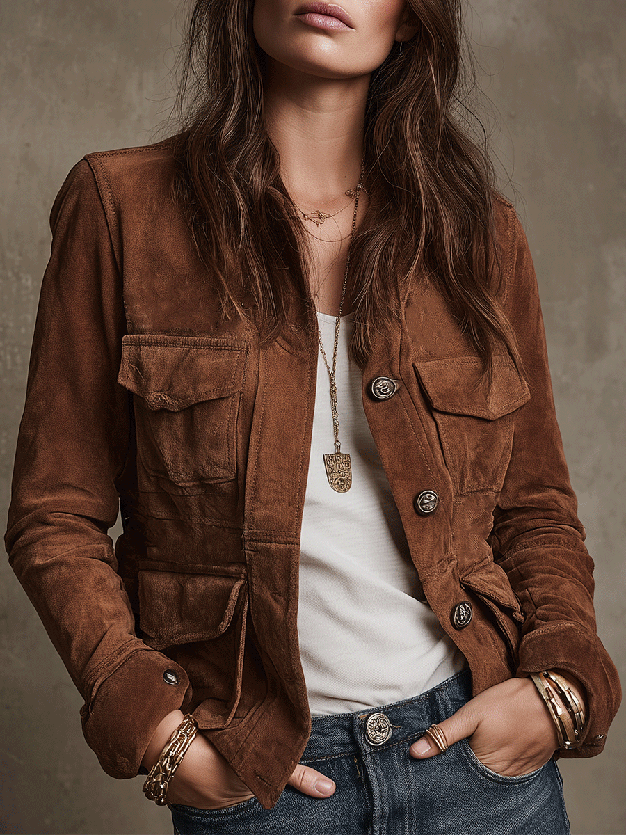 Giacca utility in camoscio marrone – vista frontale