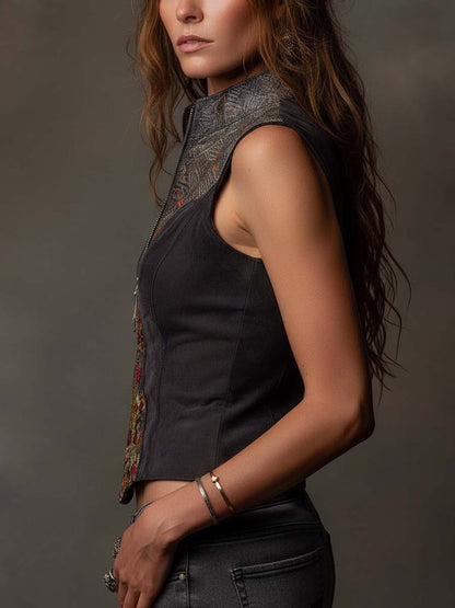 Gilet patchwork in ecocamoscio grigio scuro – dettaglio 3