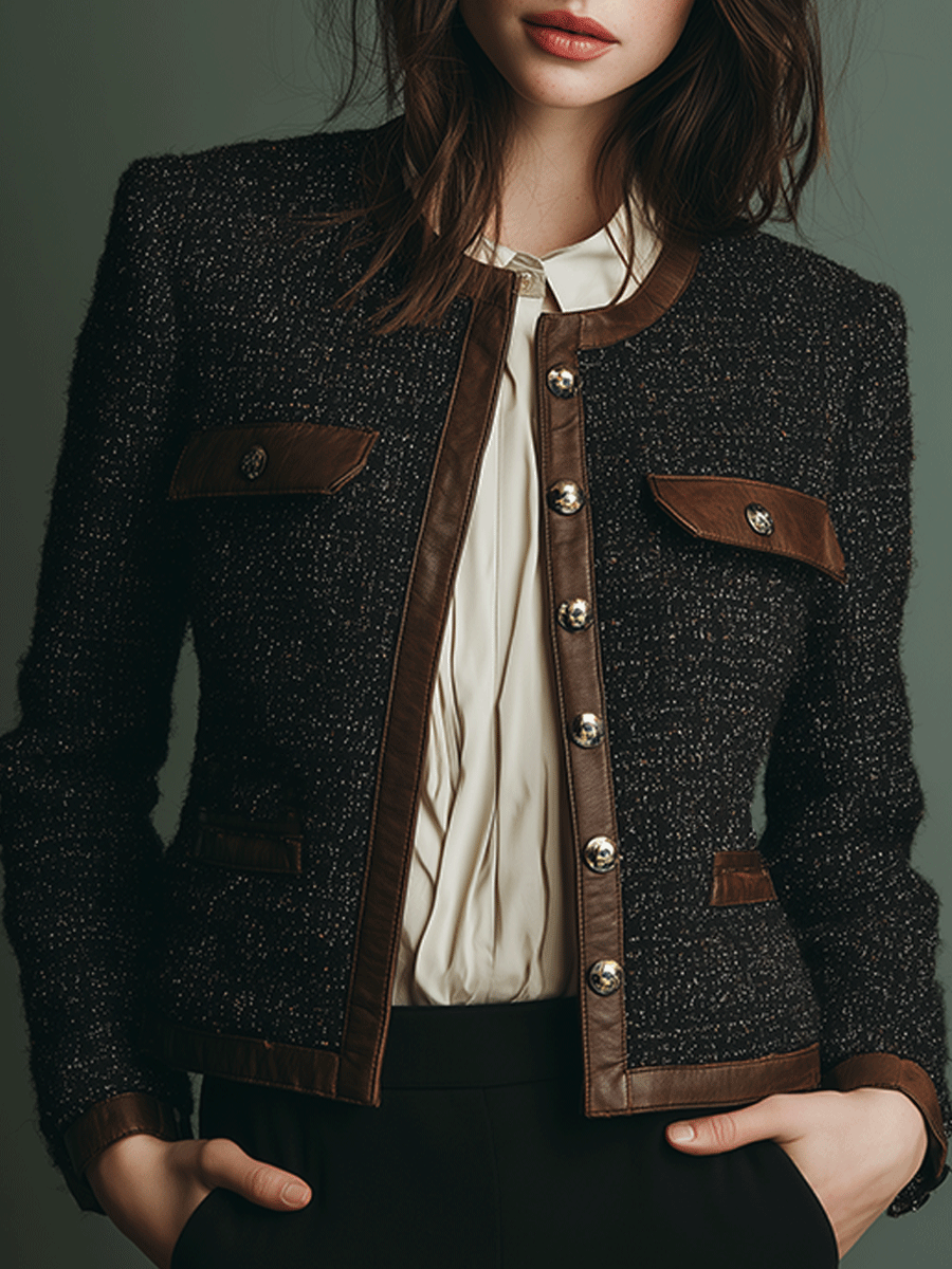 Giacca in tweed nera con rifiniture in similpelle – vista frontale