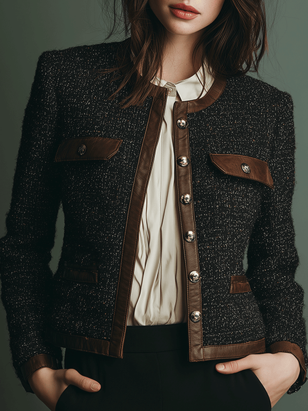 Giacca in tweed nera con rifiniture in similpelle