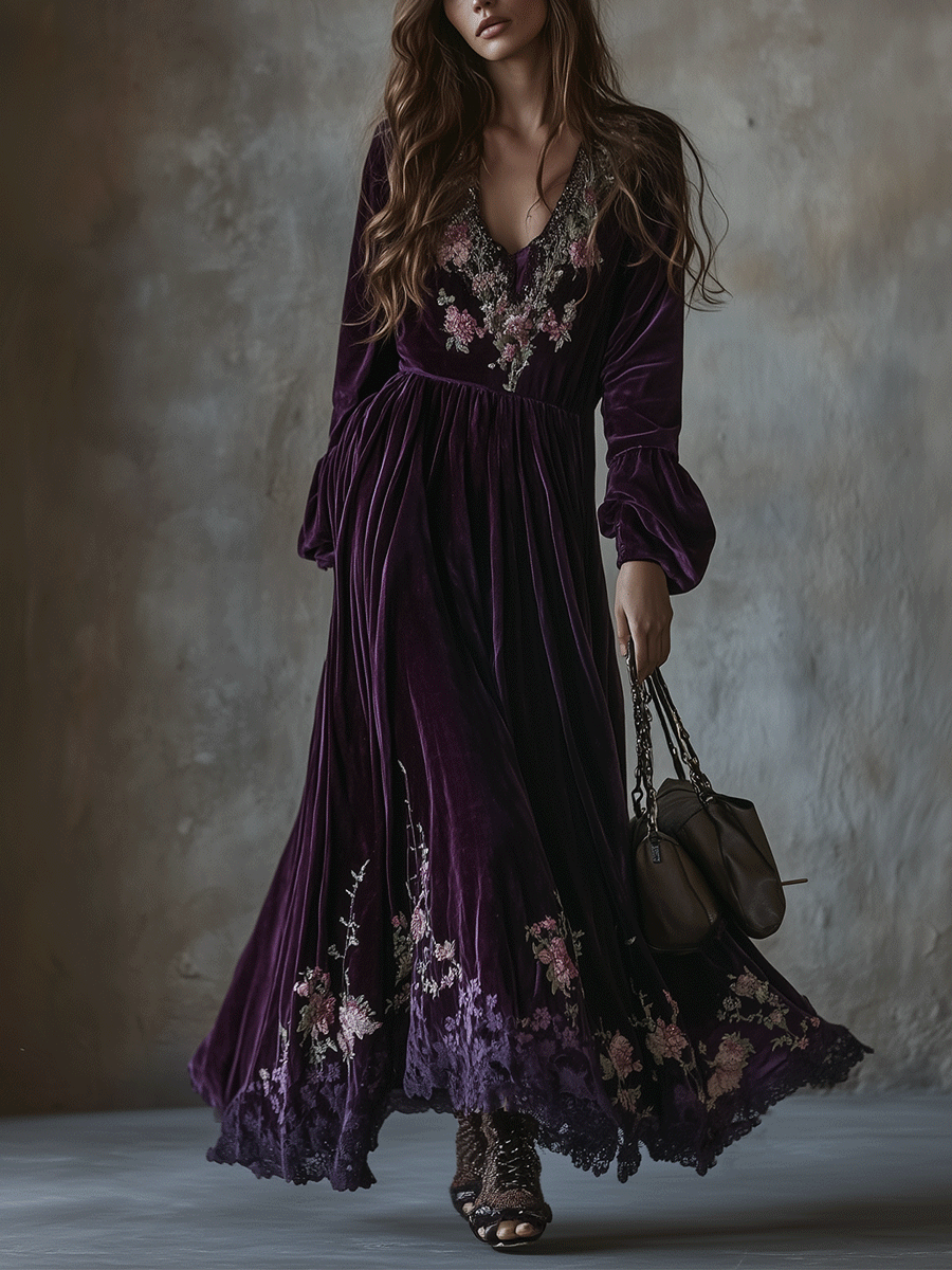 Vestito lungo viola in velluto ricamato – dettaglio 2