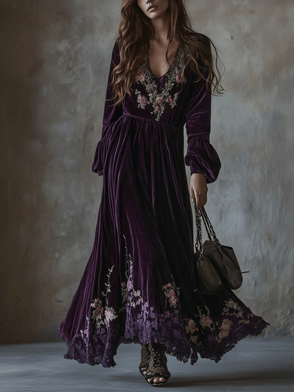 Vestito lungo viola in velluto ricamato – dettaglio 2