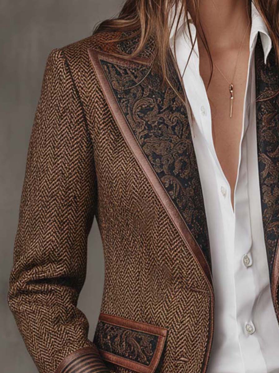 Blazer in tweed spigato marrone – look completo
