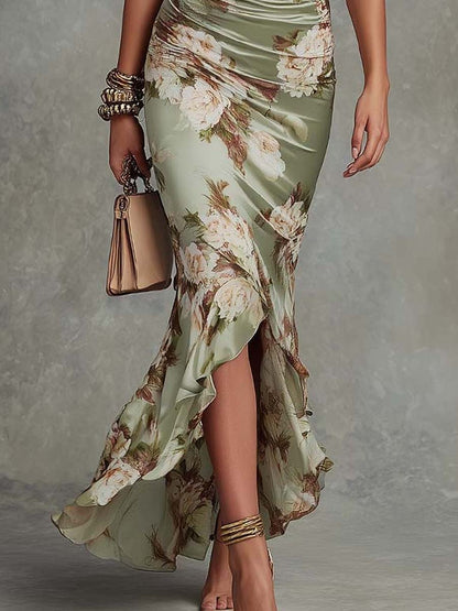 Vestito lungo verde salvia floreale – look completo