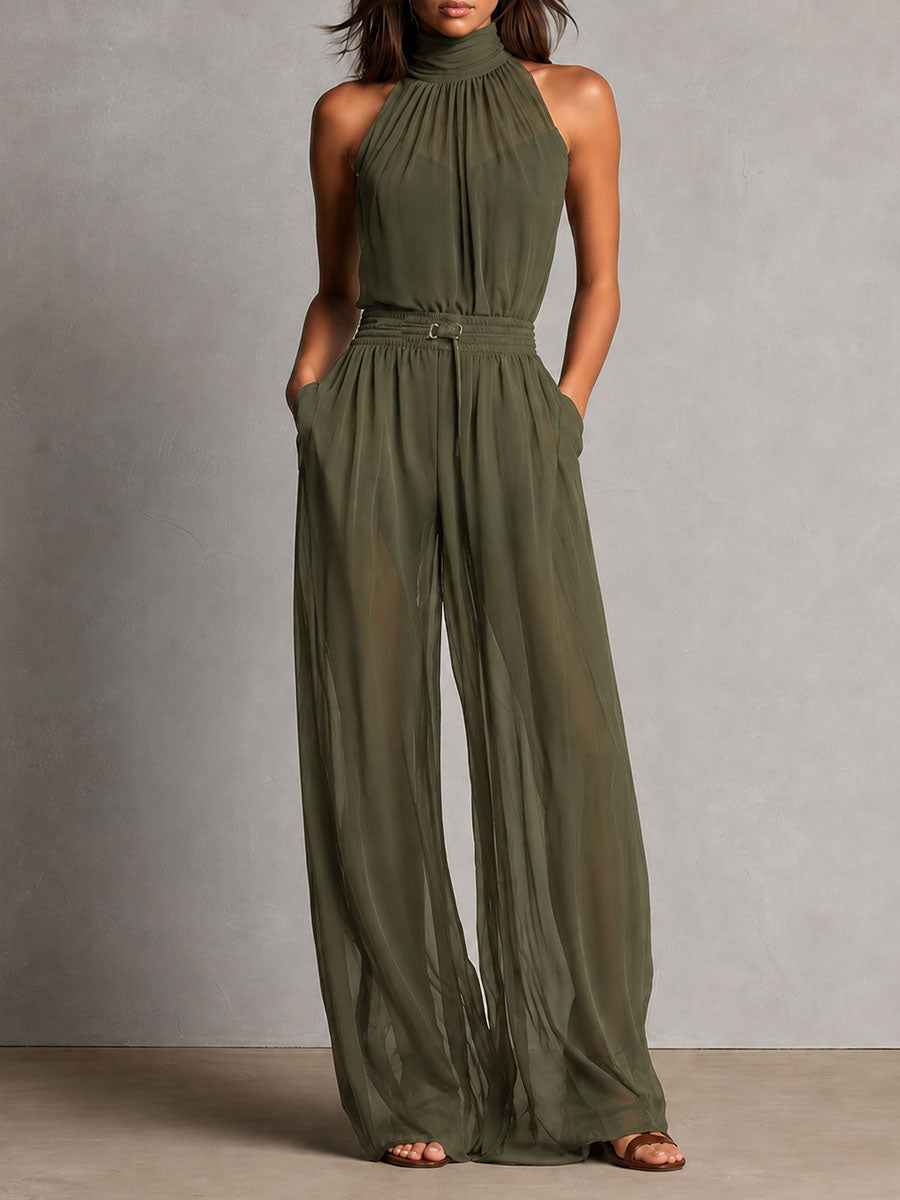 Jumpsuit nera con collo alto trasparente – dettaglio 2