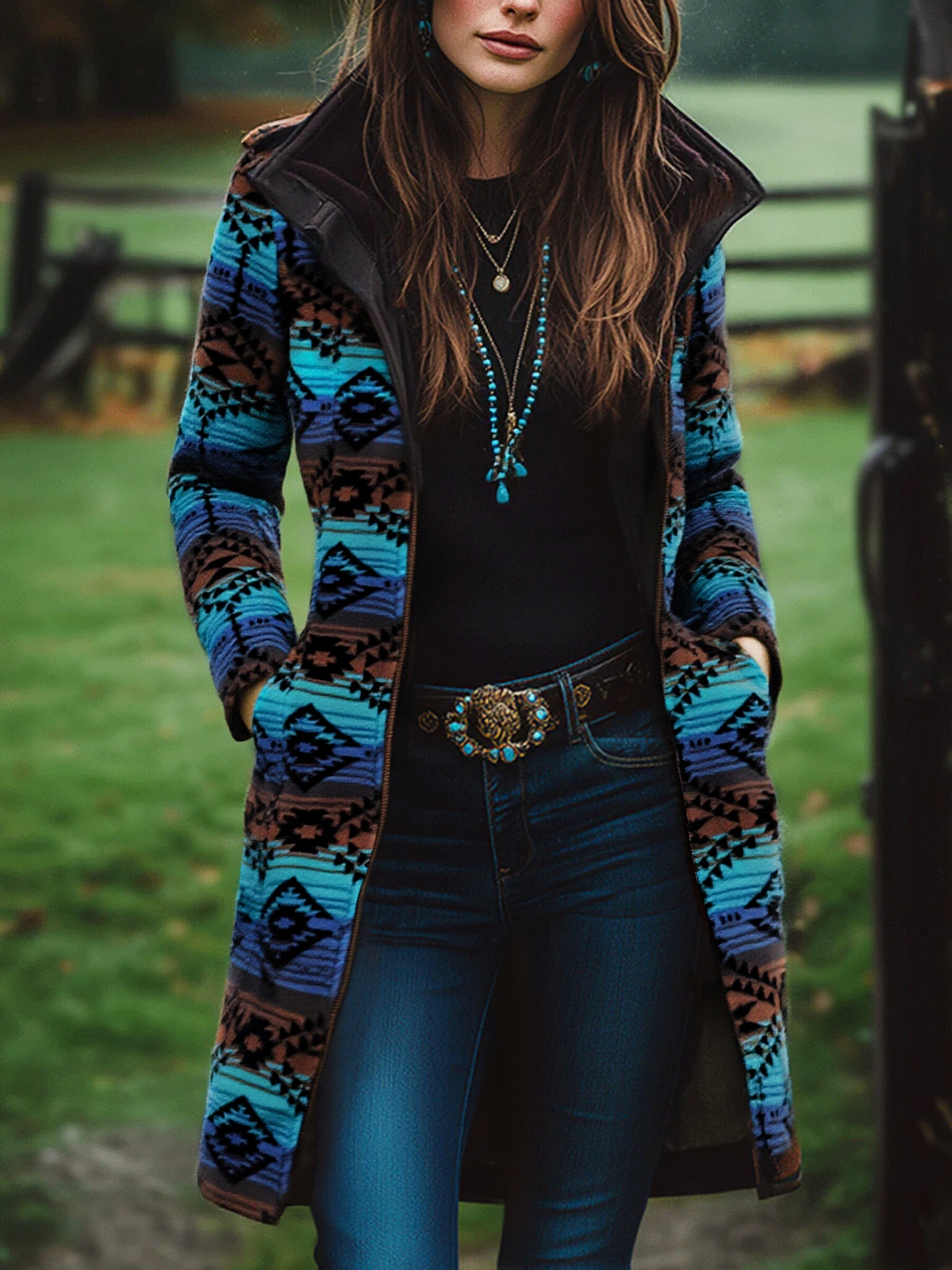Cappotto lungo in lana blu – vista frontale