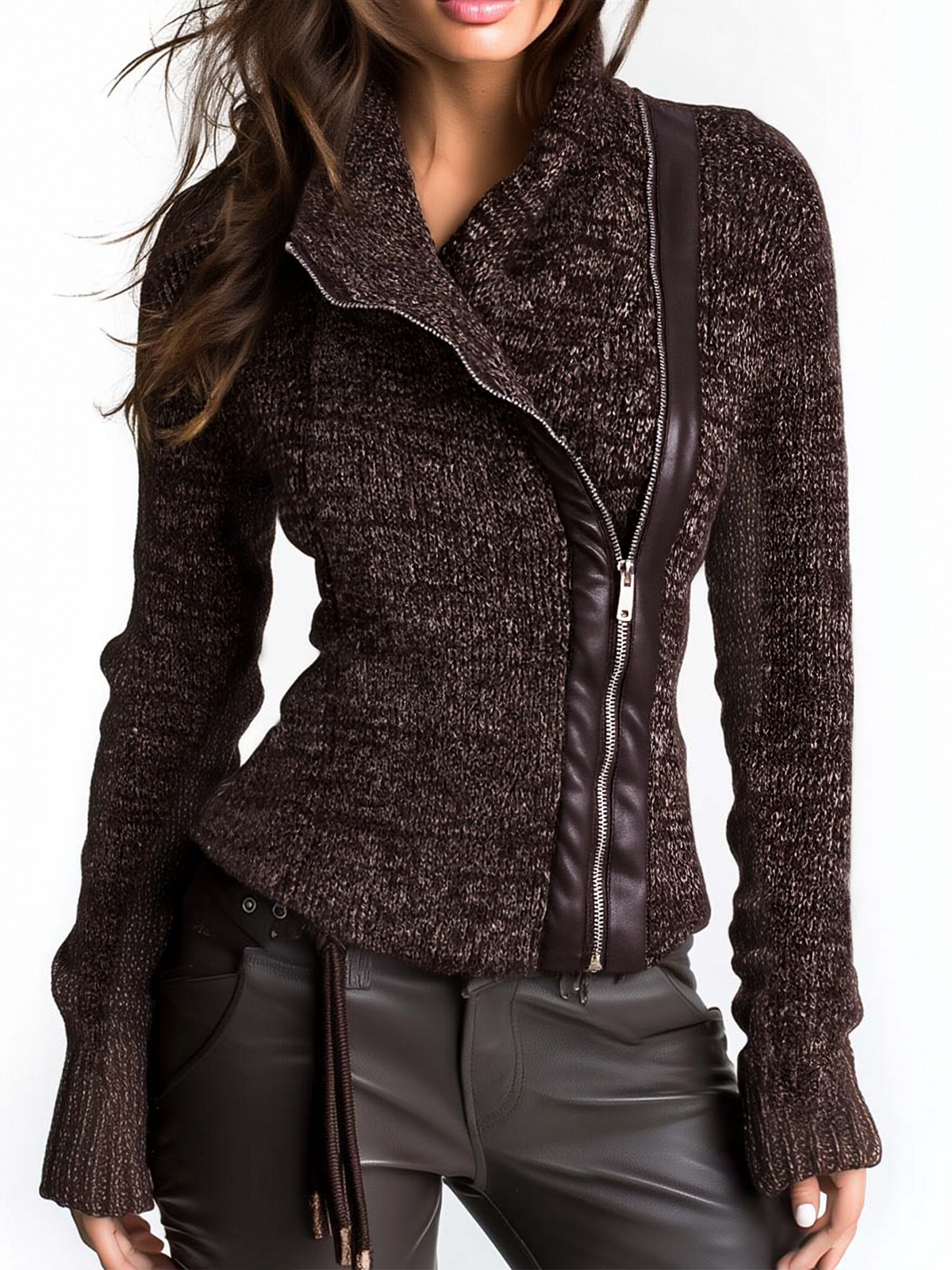 Giacca in maglia marrone con zip asimmetrica – vista frontale