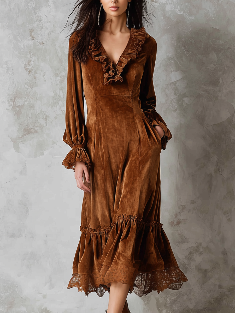 Abito midi marrone in velluto con pizzo – vista frontale