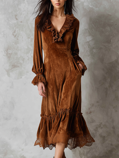 Abito midi marrone in velluto con pizzo – vista frontale