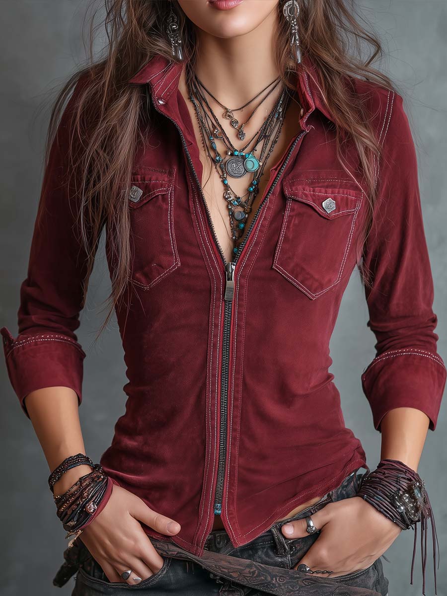 Camicia di jeans vintage rosso cipria – vista frontale