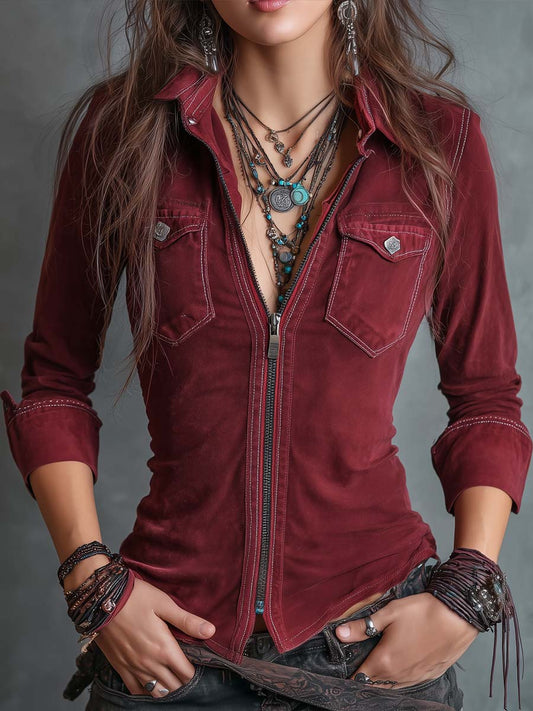 Camicia di jeans vintage rosso cipria – vista frontale