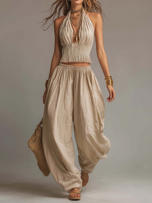 Coordinato boho top halter e pantaloni harem – vista frontale