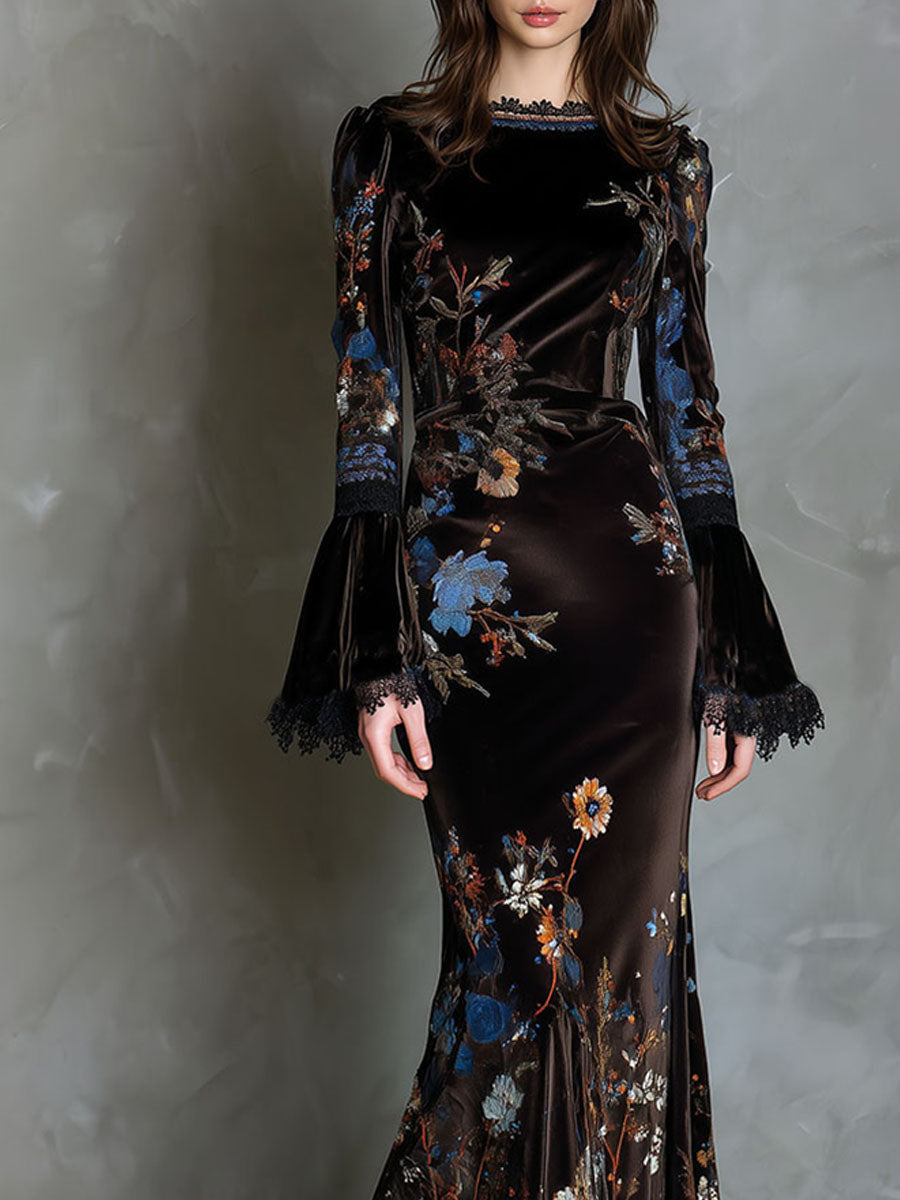 Vestito lungo marrone in velluto floreale – dettaglio 6