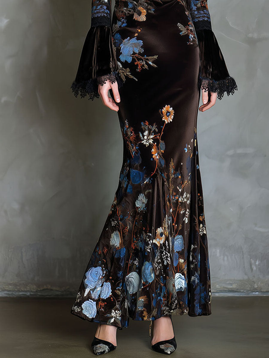 Vestito lungo marrone in velluto floreale – dettaglio 7
