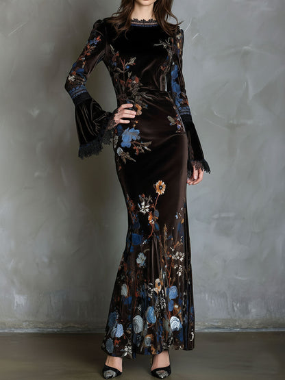 Vestito lungo marrone in velluto floreale – dettaglio 2