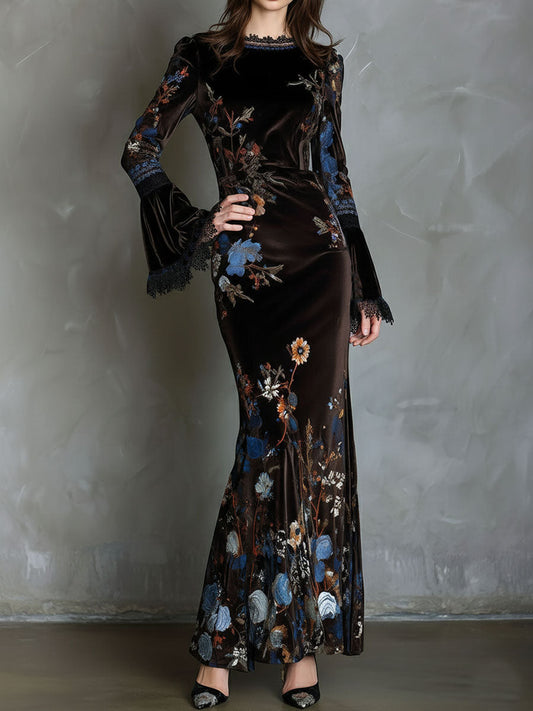 Vestito lungo marrone in velluto floreale – dettaglio 2