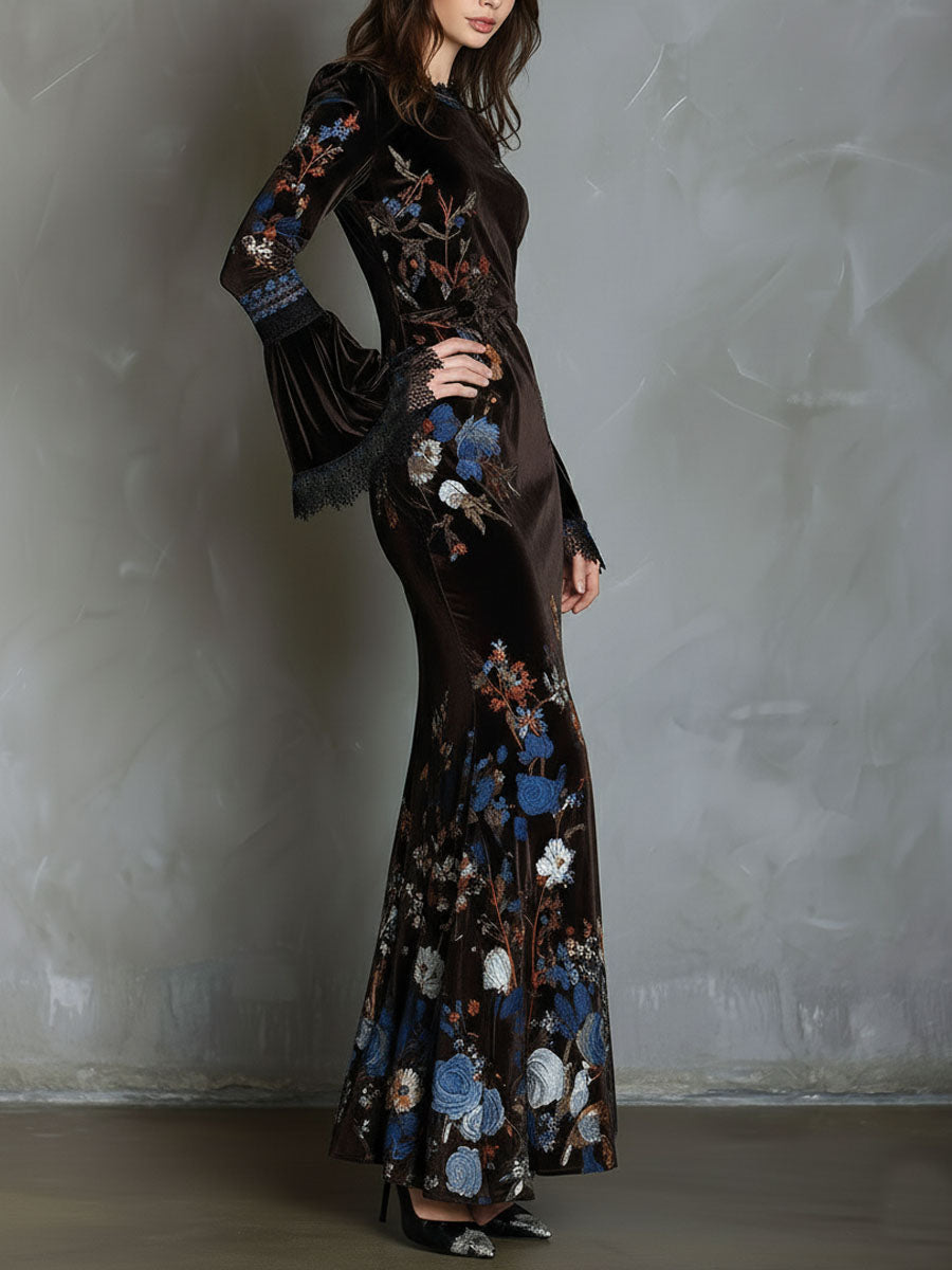 Vestito lungo marrone in velluto floreale – dettaglio 3