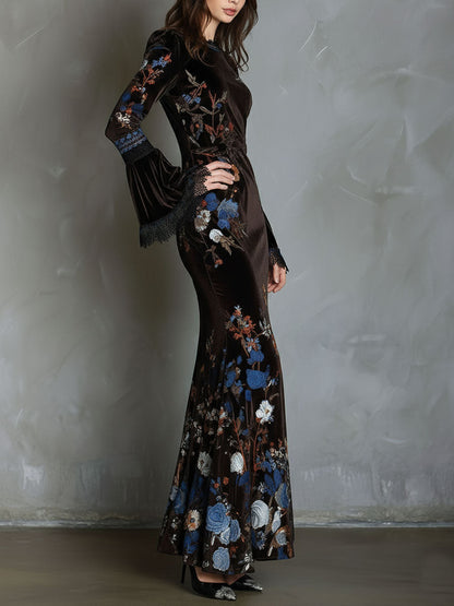 Vestito lungo marrone in velluto floreale – dettaglio 3