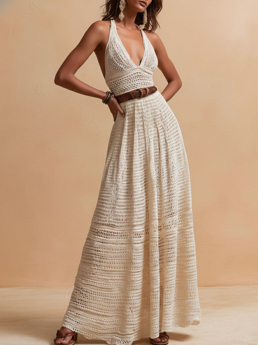 Vestito lungo avorio all'uncinetto – vista laterale