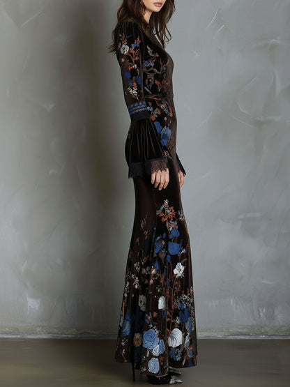 Vestito lungo marrone in velluto floreale – dettaglio 4