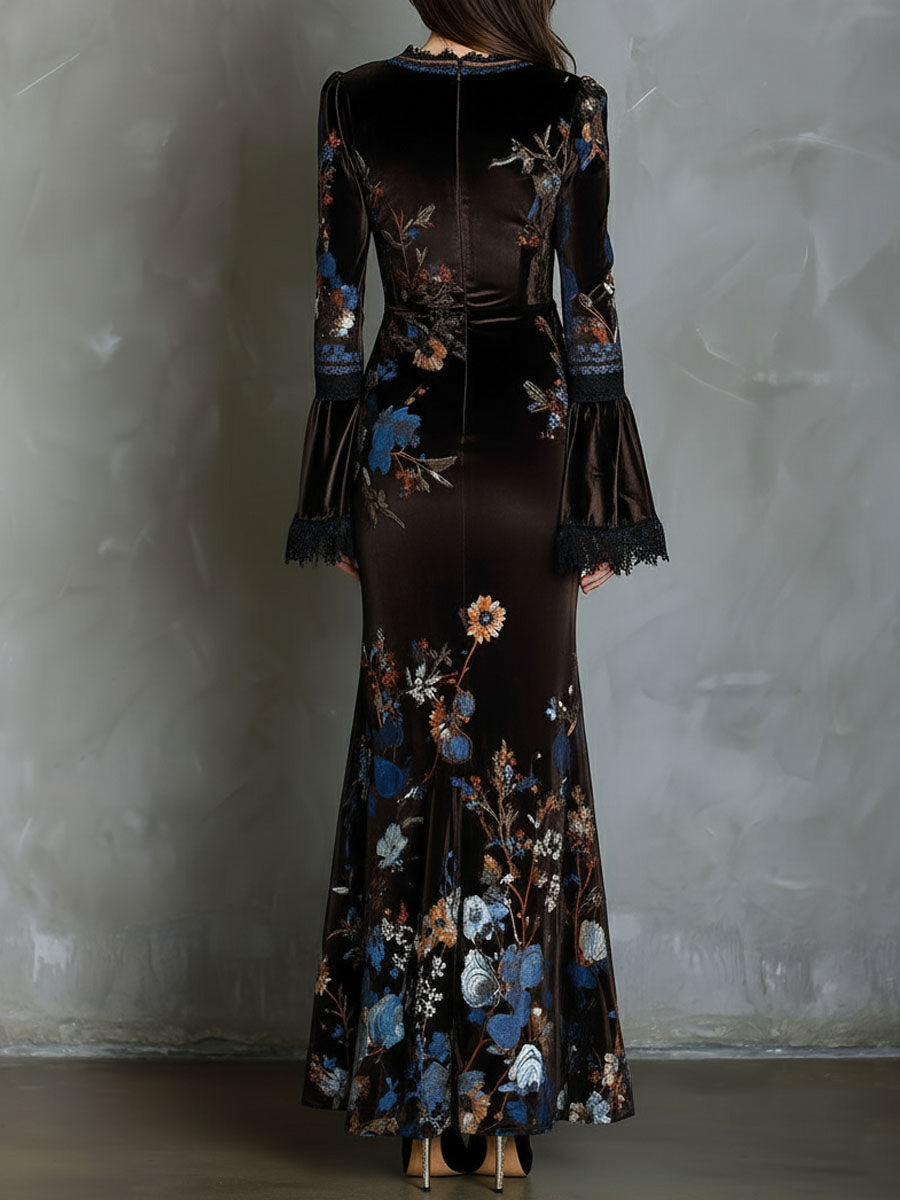 Vestito lungo marrone in velluto floreale – dettaglio 5
