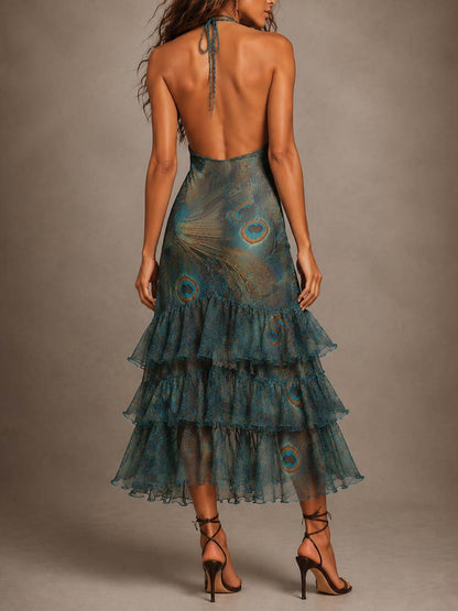 Abito midi in chiffon verde petrolio con volant – dettaglio 4