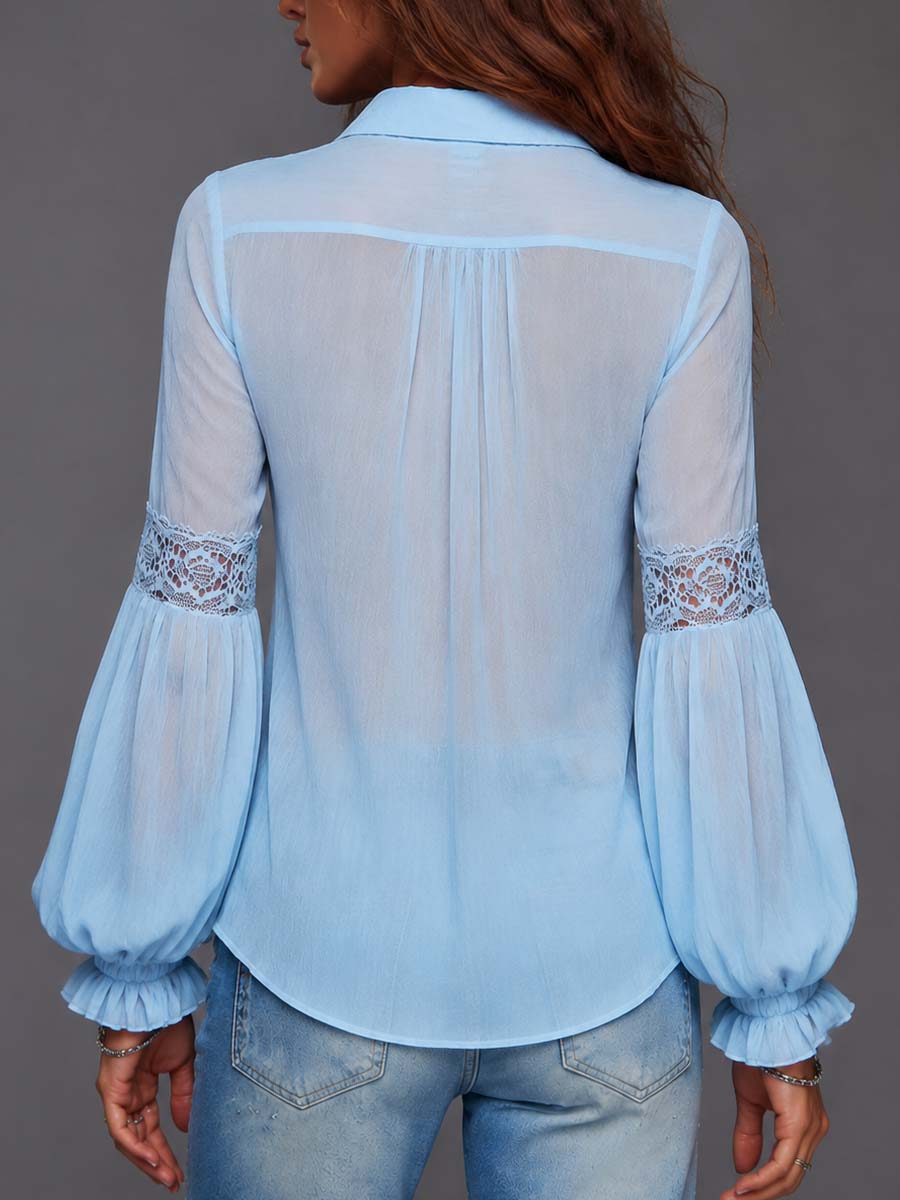 Camicia boho trasparente con pizzo azzurra – dettaglio 5