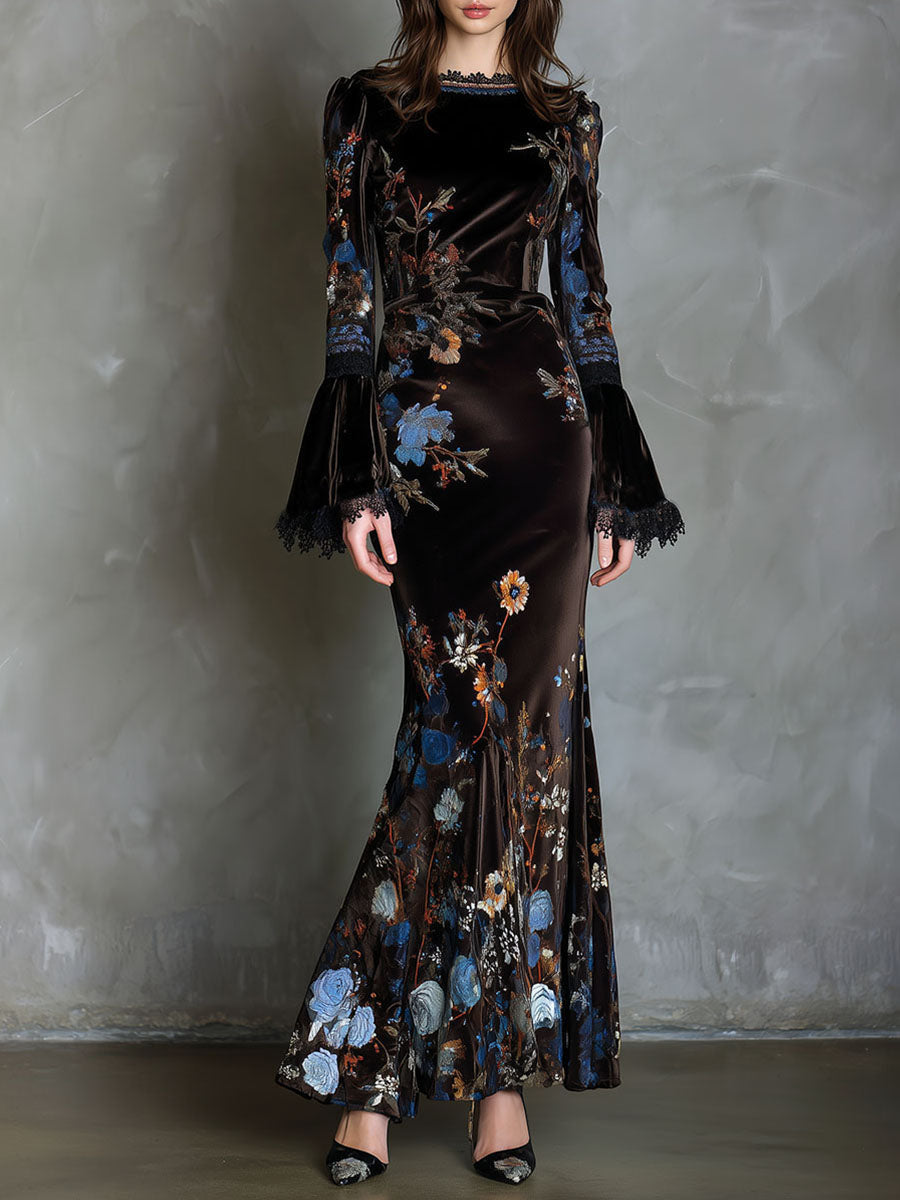 Vestito lungo marrone in velluto floreale – vista frontale