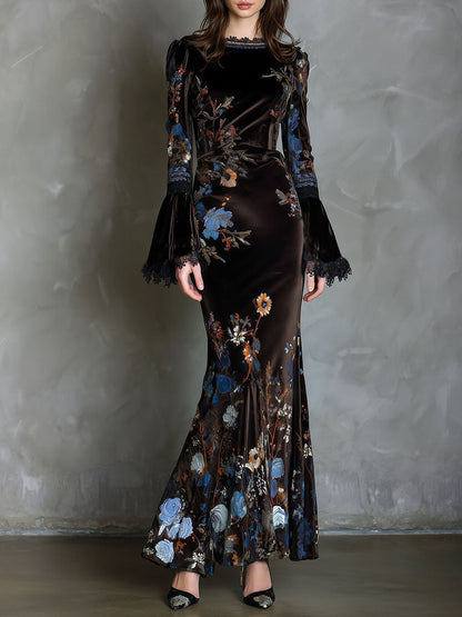 Vestito lungo marrone in velluto floreale – vista frontale
