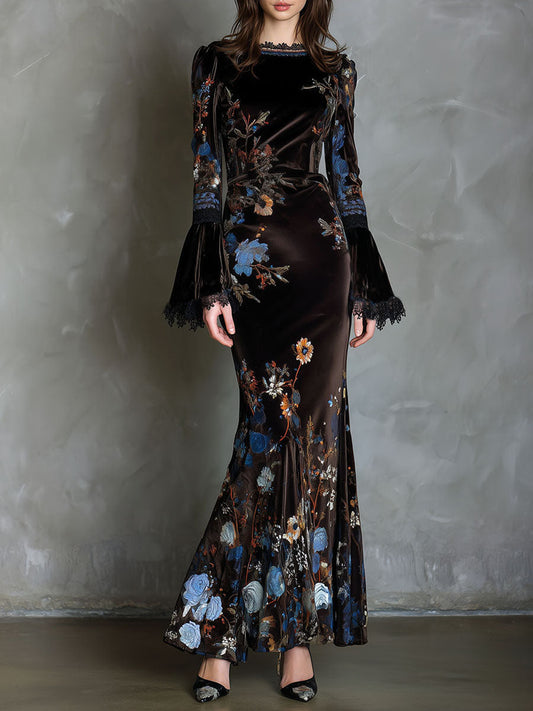 Vestito lungo marrone in velluto floreale – vista frontale