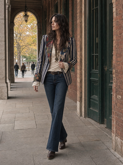 Blazer a righe con stampa floreale blu navy – dettaglio 6