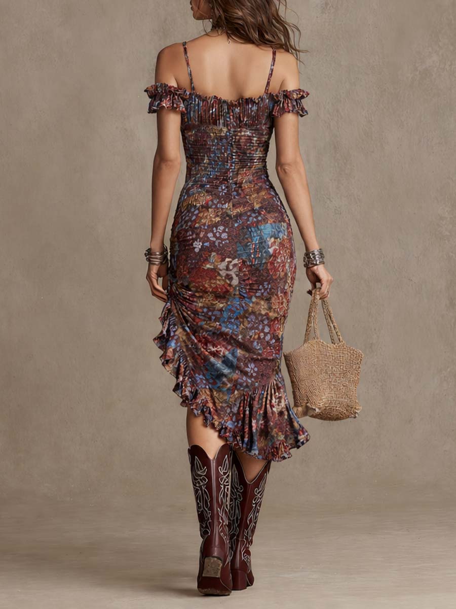 Vestito midi boho rosso mattone floreale – dettaglio