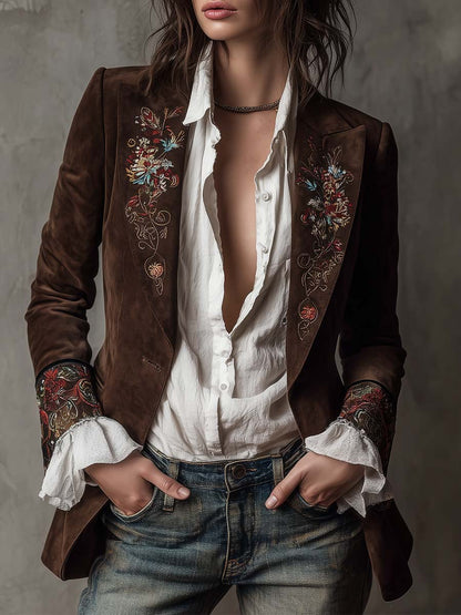 Blazer in camoscio marrone con ricami – vista frontale
