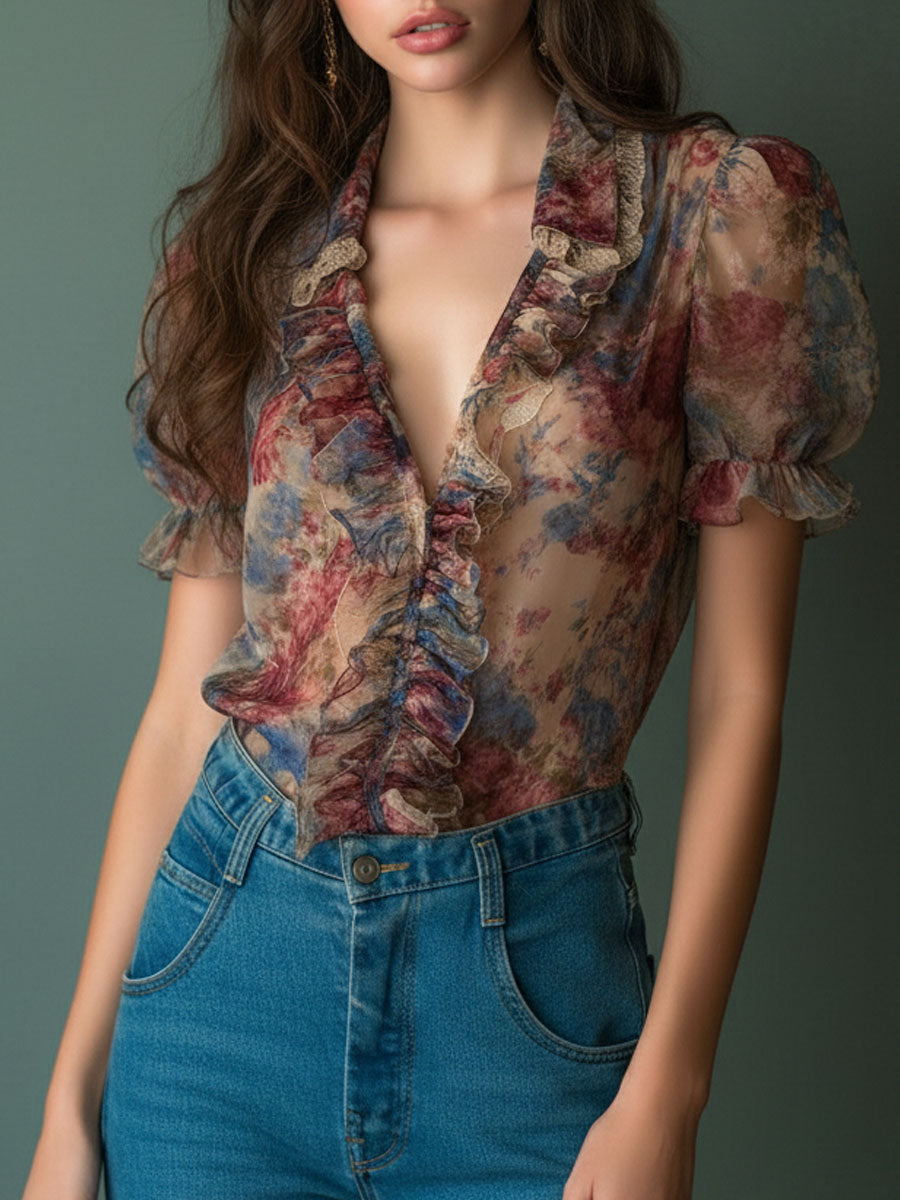 Blusa vintage floreale color albicocca – dettaglio 6
