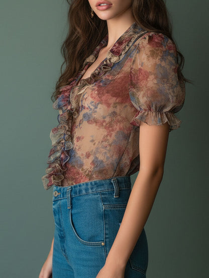 Blusa vintage floreale color albicocca – dettaglio 3