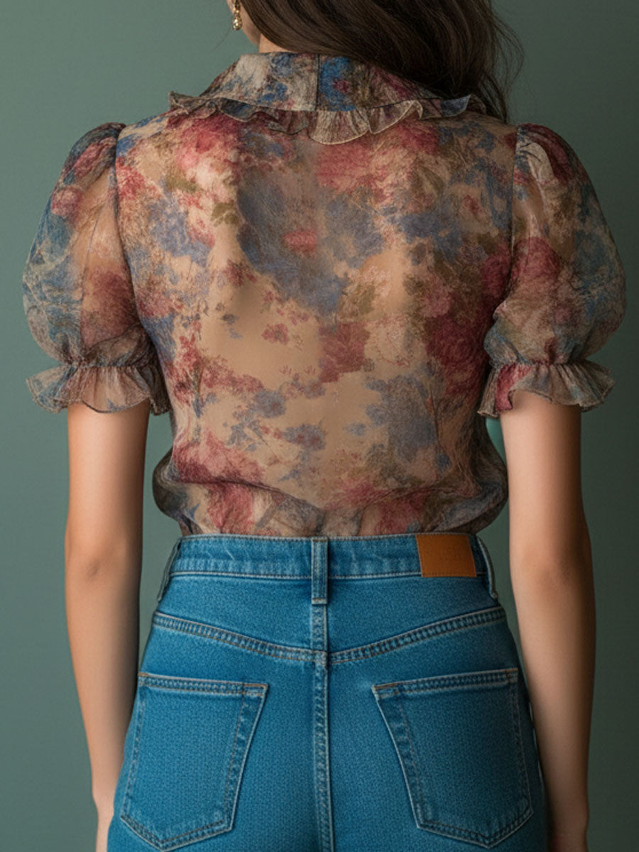 Blusa vintage floreale color albicocca – dettaglio 2
