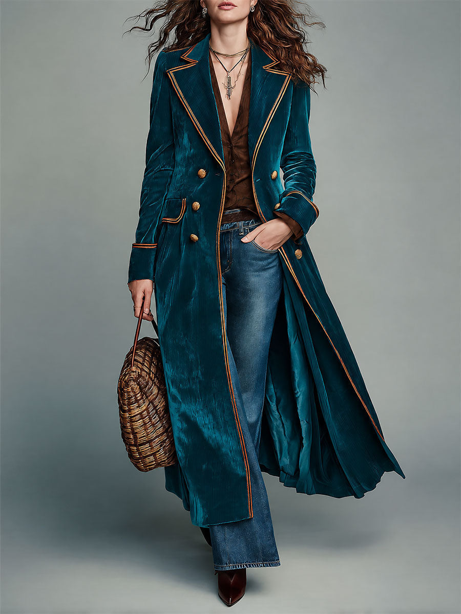 Cappotto color block in velluto a coste verde petrolio – vista frontale