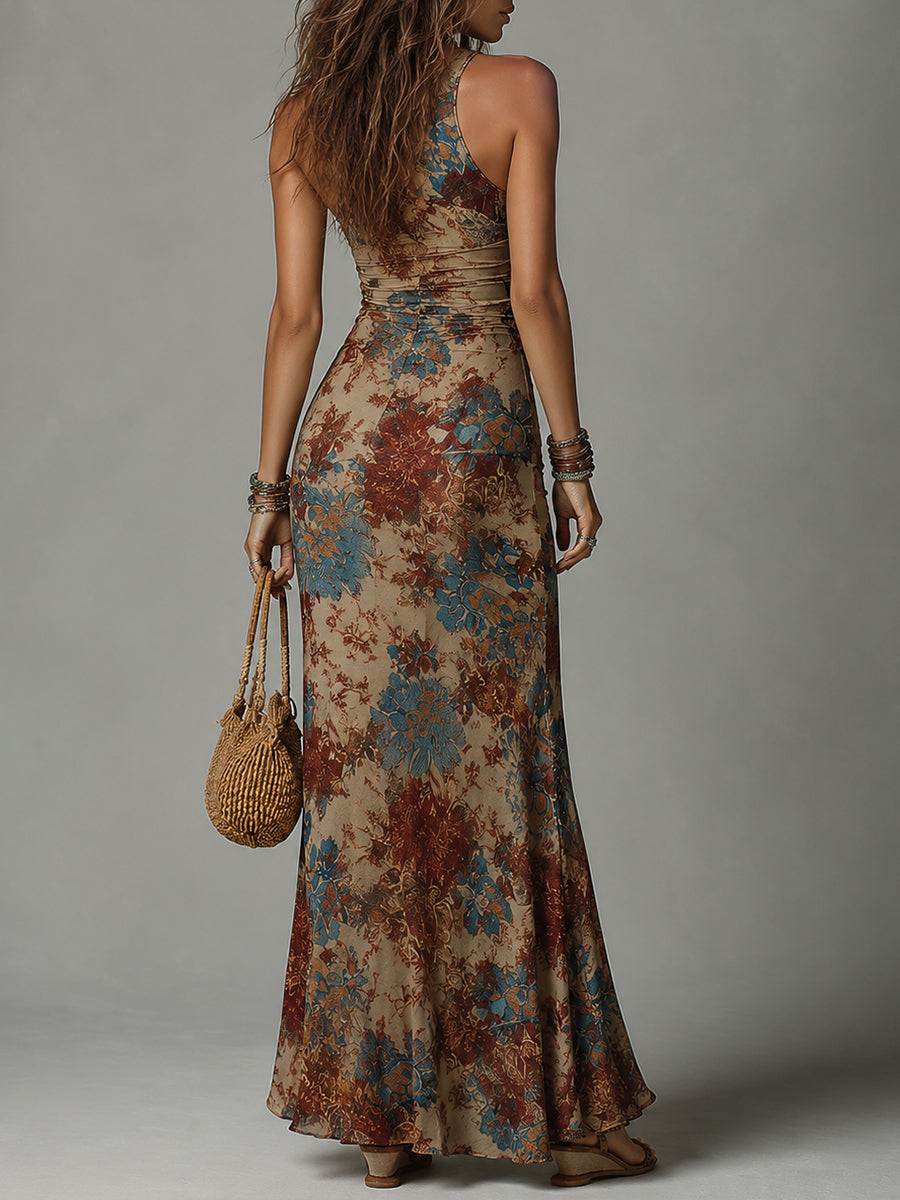 Abito maxi marrone con stampa etnica – dettaglio 3