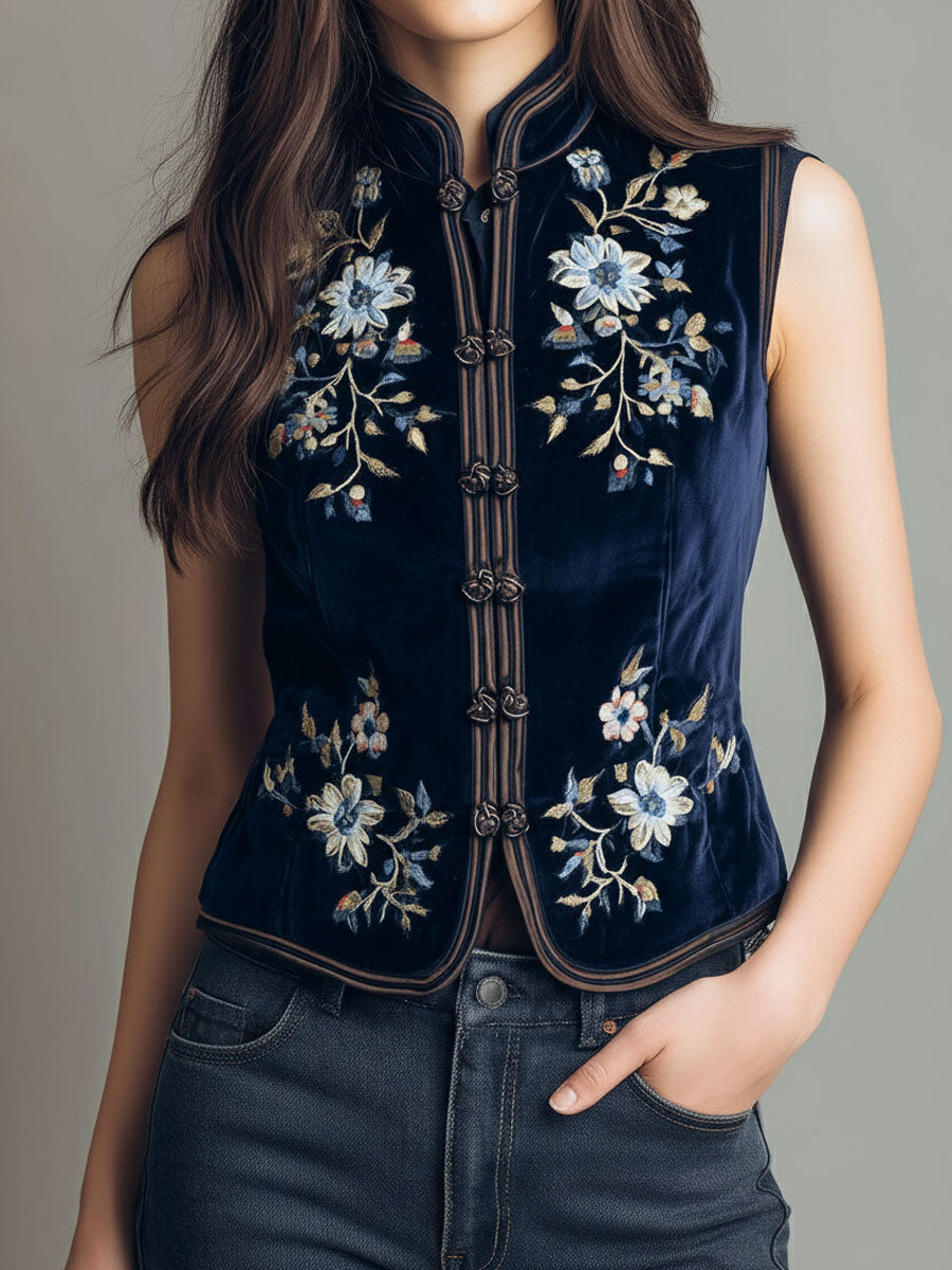 Gilet boho in velluto blu navy ricamato – dettaglio 7