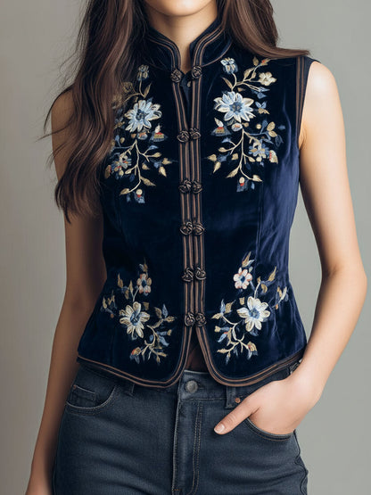 Gilet boho in velluto blu navy ricamato – dettaglio 7