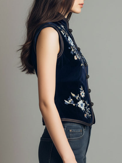 Gilet boho in velluto blu navy ricamato – dettaglio 4