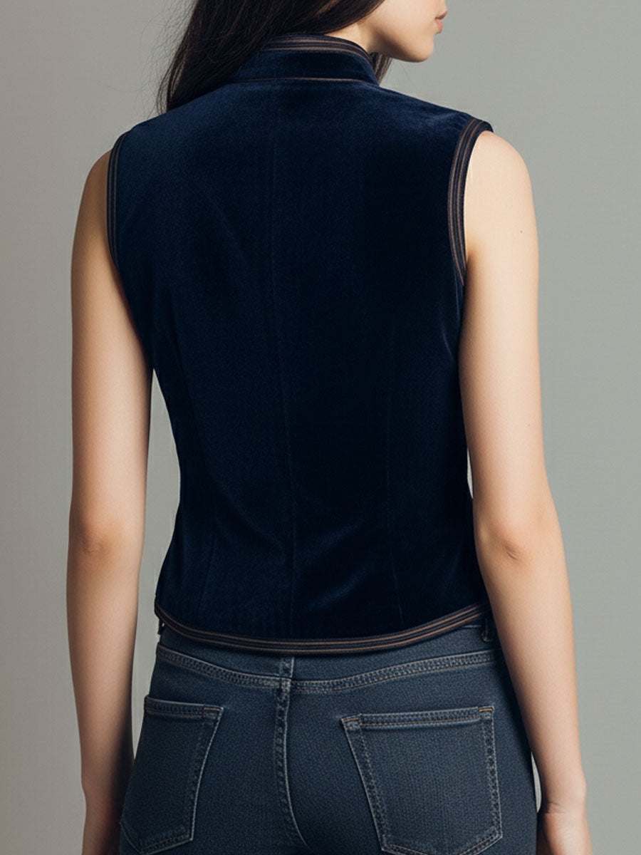 Gilet boho in velluto blu navy ricamato – dettaglio 3